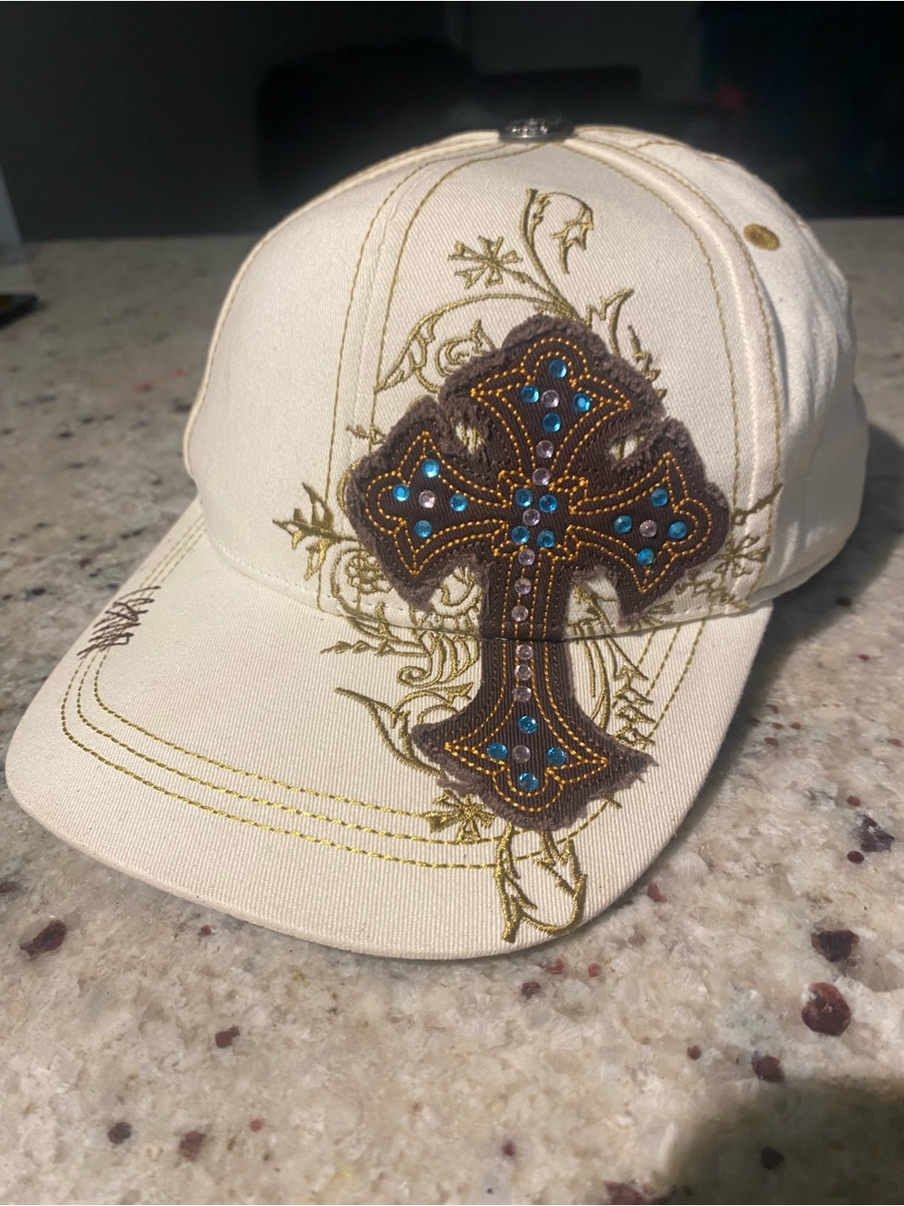 Embellished Cross Baseball Cap in Cream